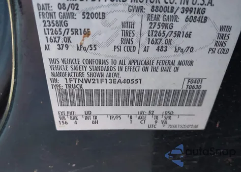 2003 Ford F-250 Lariat/Xl/Xlt z USA, uszkodzony, nr VIN 1FTNW21F13EA40551